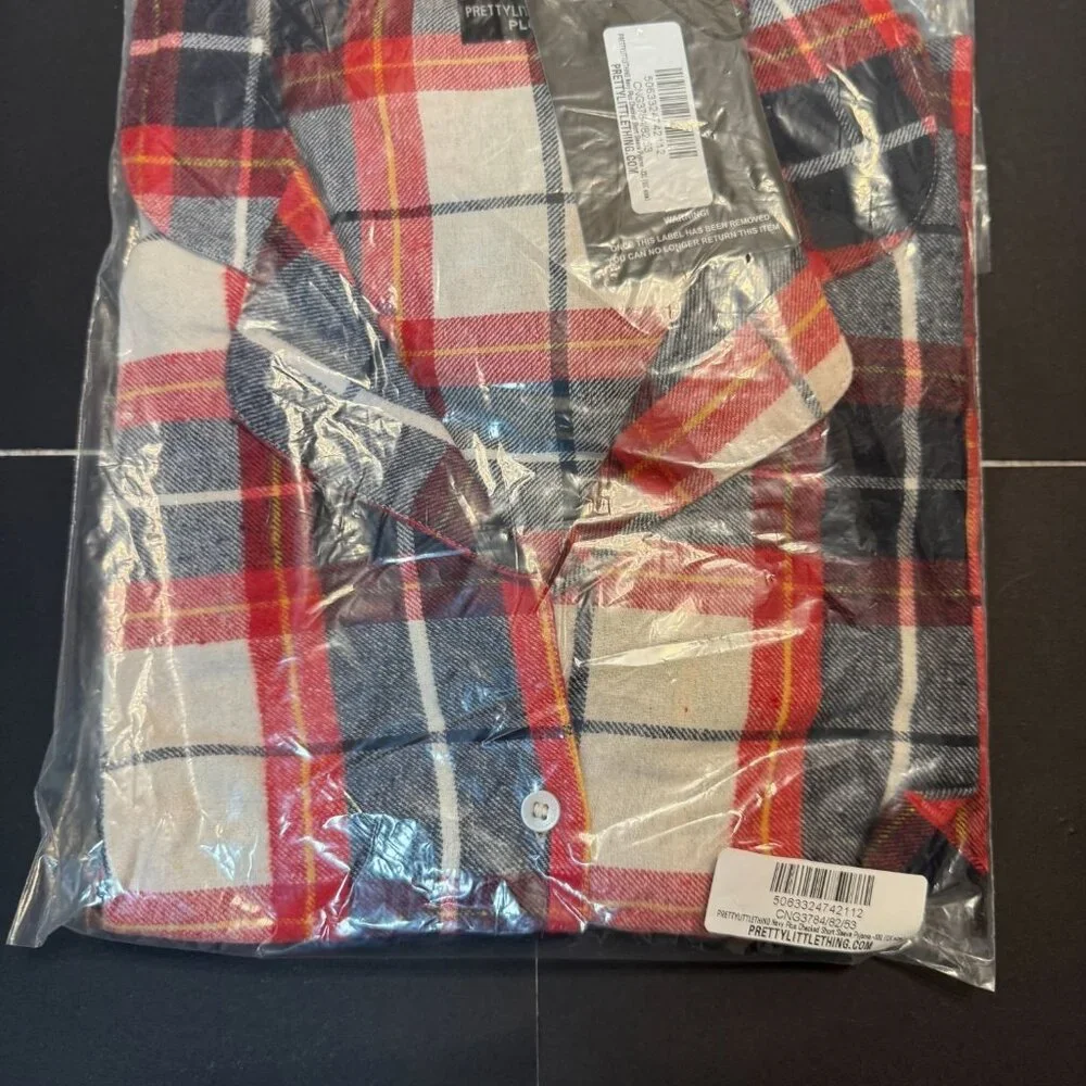 Pretty Little Thing Navy Plus Checked Short Sleeve Top & Long Pyjama Set - Picture 5 of 7
